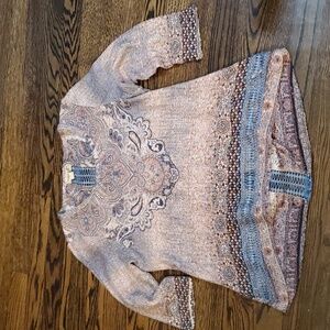 One World Tan & Blue Boho Hi-Low Sweater w/ Blue Lace Hem and Back Stripe sz PL